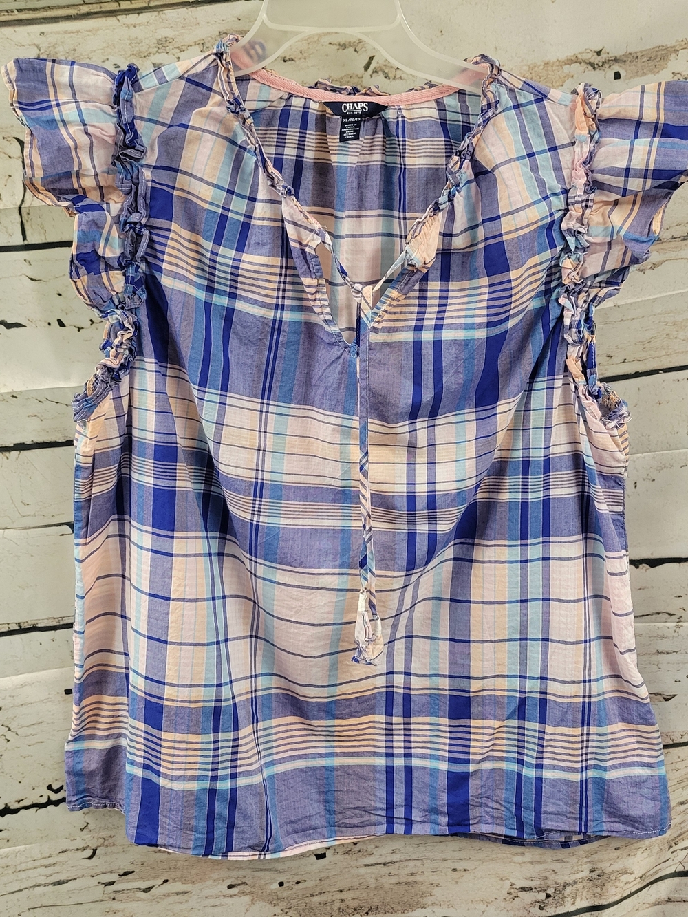 Chaps Western Plaid Ruffle Blouse Size XL Blue Pink Cotton Country Boho